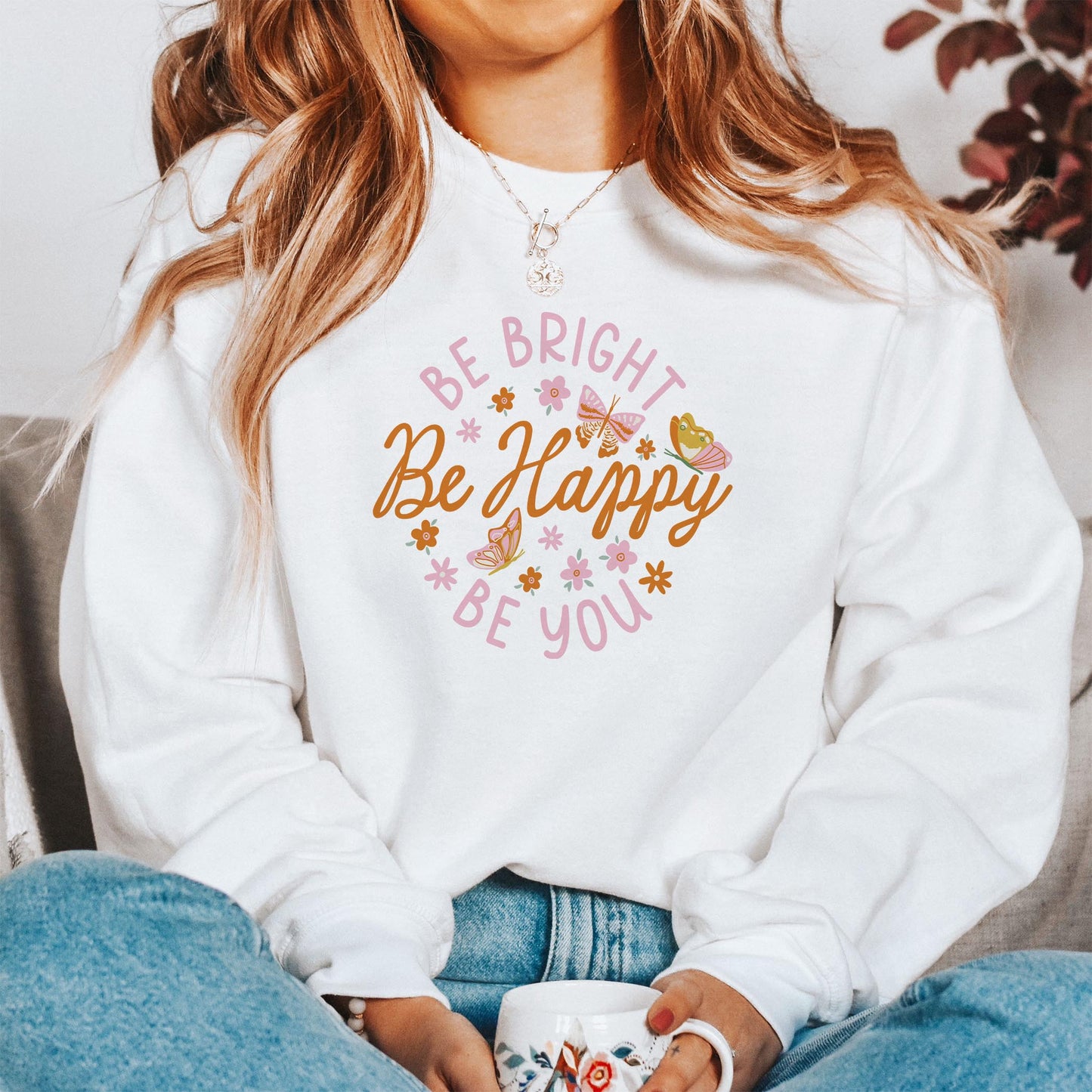 Gildan Sweatshirt White-Spring Be Bright Be Happy