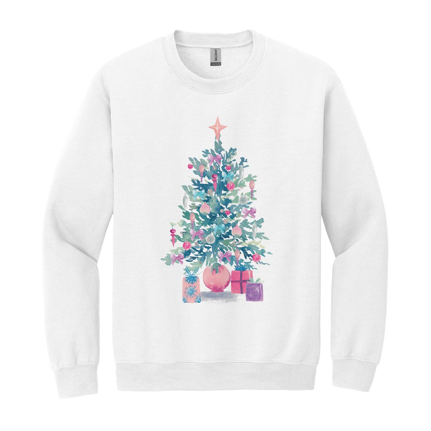 Gildan Sweatshirt White-Watercolor Sugar Plum Christmas Tree -0