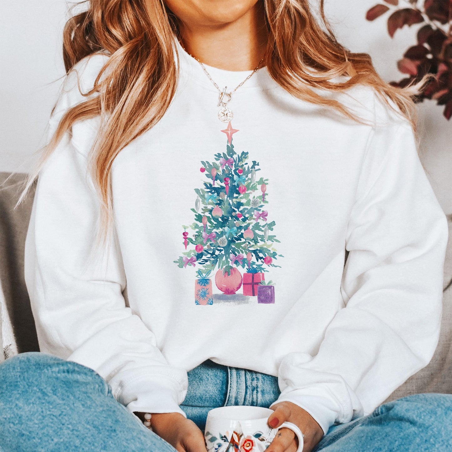 Gildan Sweatshirt White-Watercolor Sugar Plum Christmas Tree -1