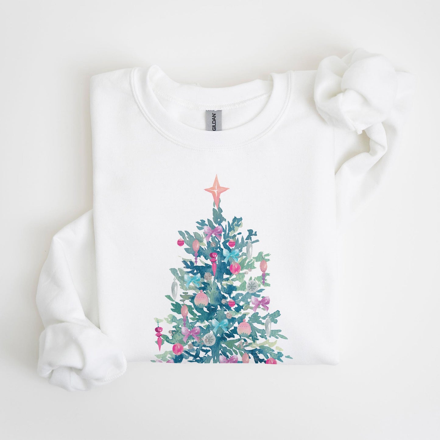 Gildan Sweatshirt White-Watercolor Sugar Plum Christmas Tree -4