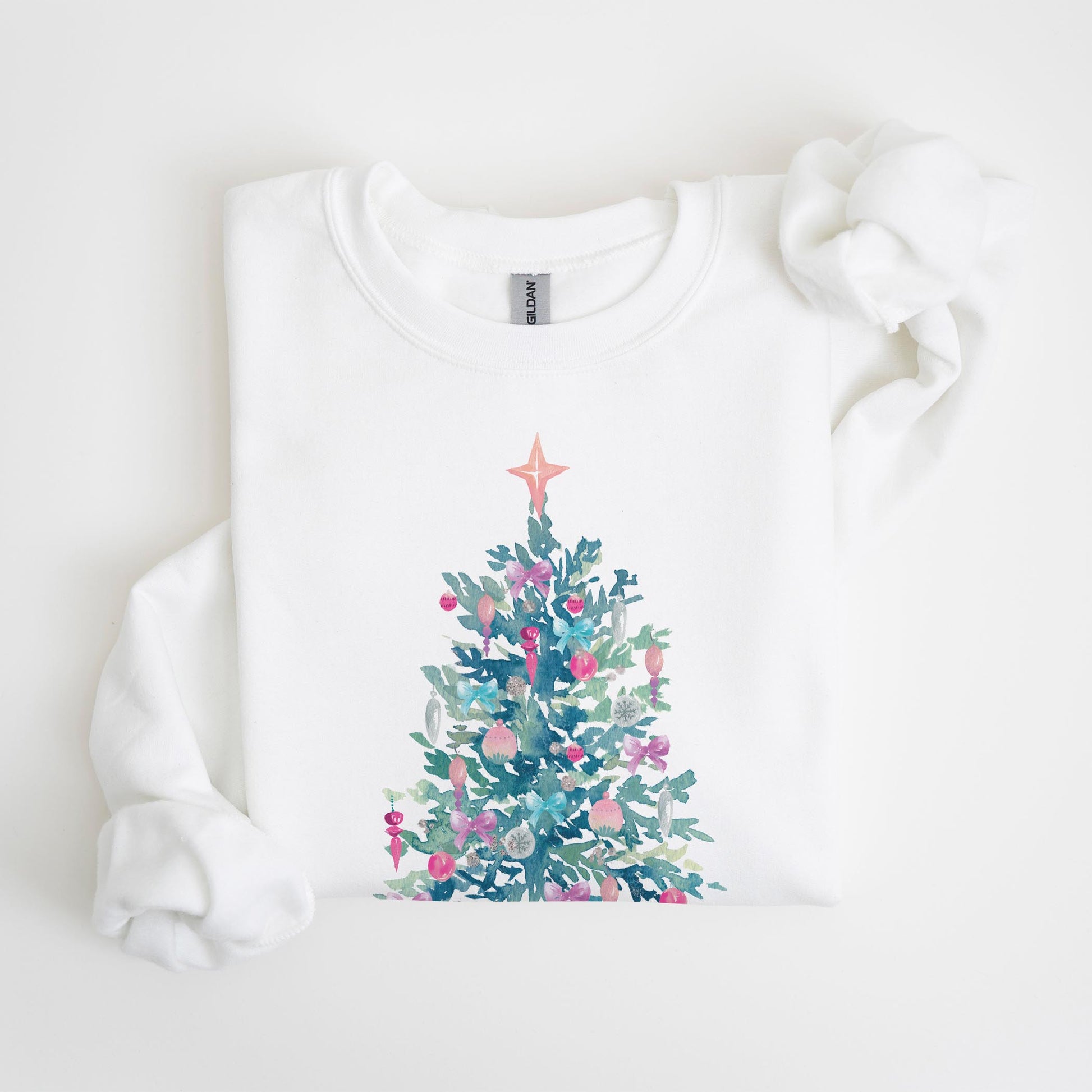 Gildan Sweatshirt White-Watercolor Sugar Plum Christmas Tree -4