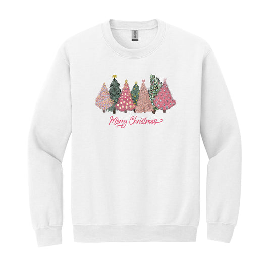 2XL Gildan Sweatshirt White-Pink Trees Merry Christmas