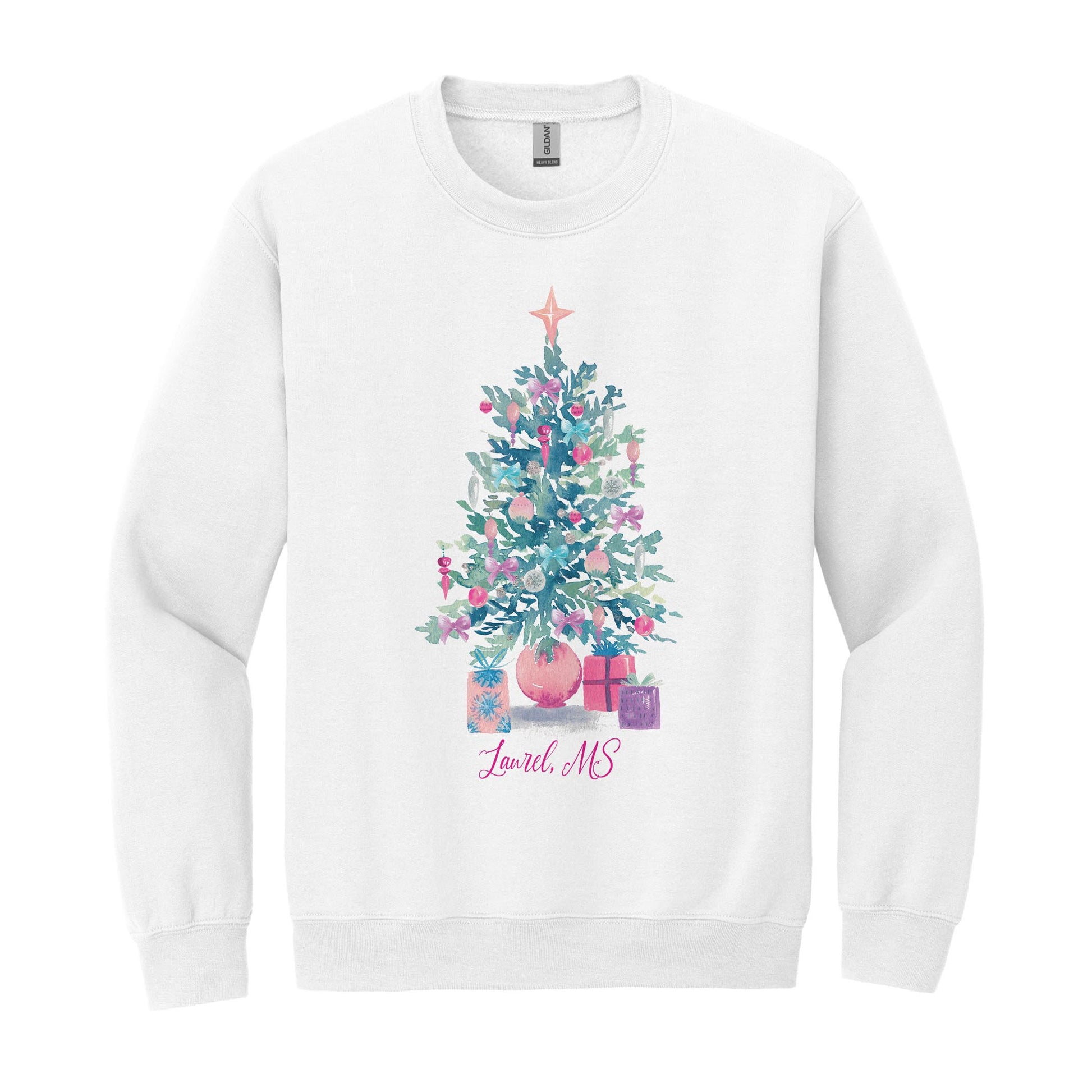 Gildan Sweatshirt White-Watercolor Sugar Plum Christmas Tree -0