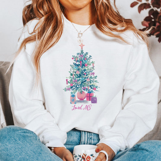 Gildan Sweatshirt White-Watercolor Sugar Plum Christmas Tree -1