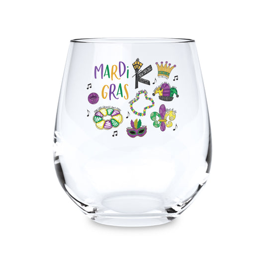 15oz Stemless Wine Glass-Mardi Gras Icons