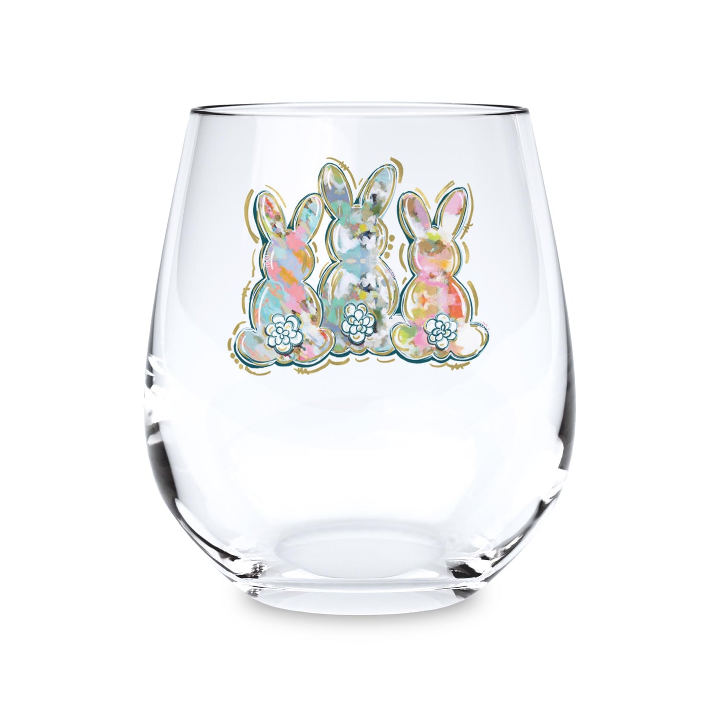 15oz Stemless Wine Glass-Painted Bunny Trio