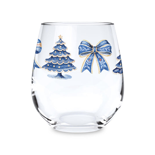 15oz Stemless Wine Glass-Blue Noel - A Grand Millennial Christmas -0