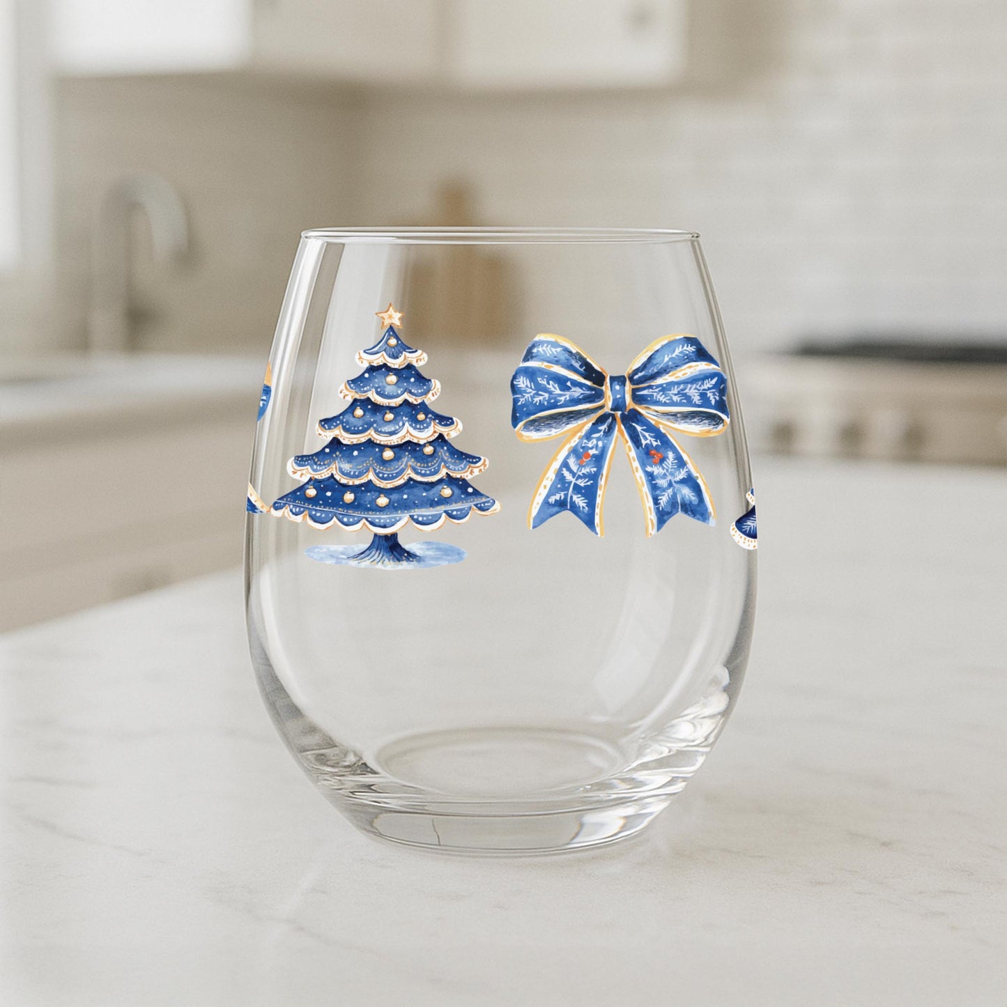 15oz Stemless Wine Glass-Blue Noel - A Grand Millennial Christmas -1