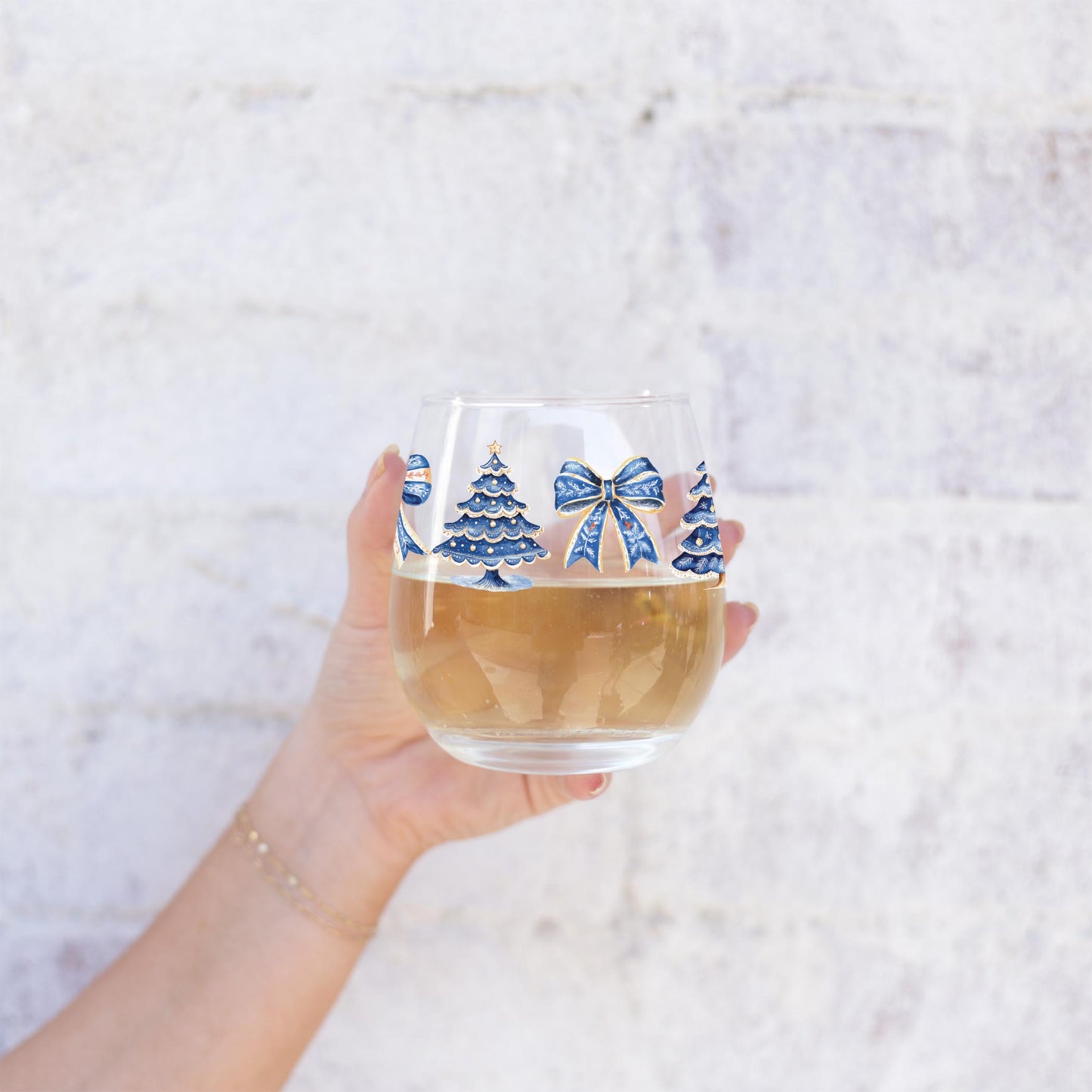 15oz Stemless Wine Glass-Blue Noel - A Grand Millennial Christmas -2