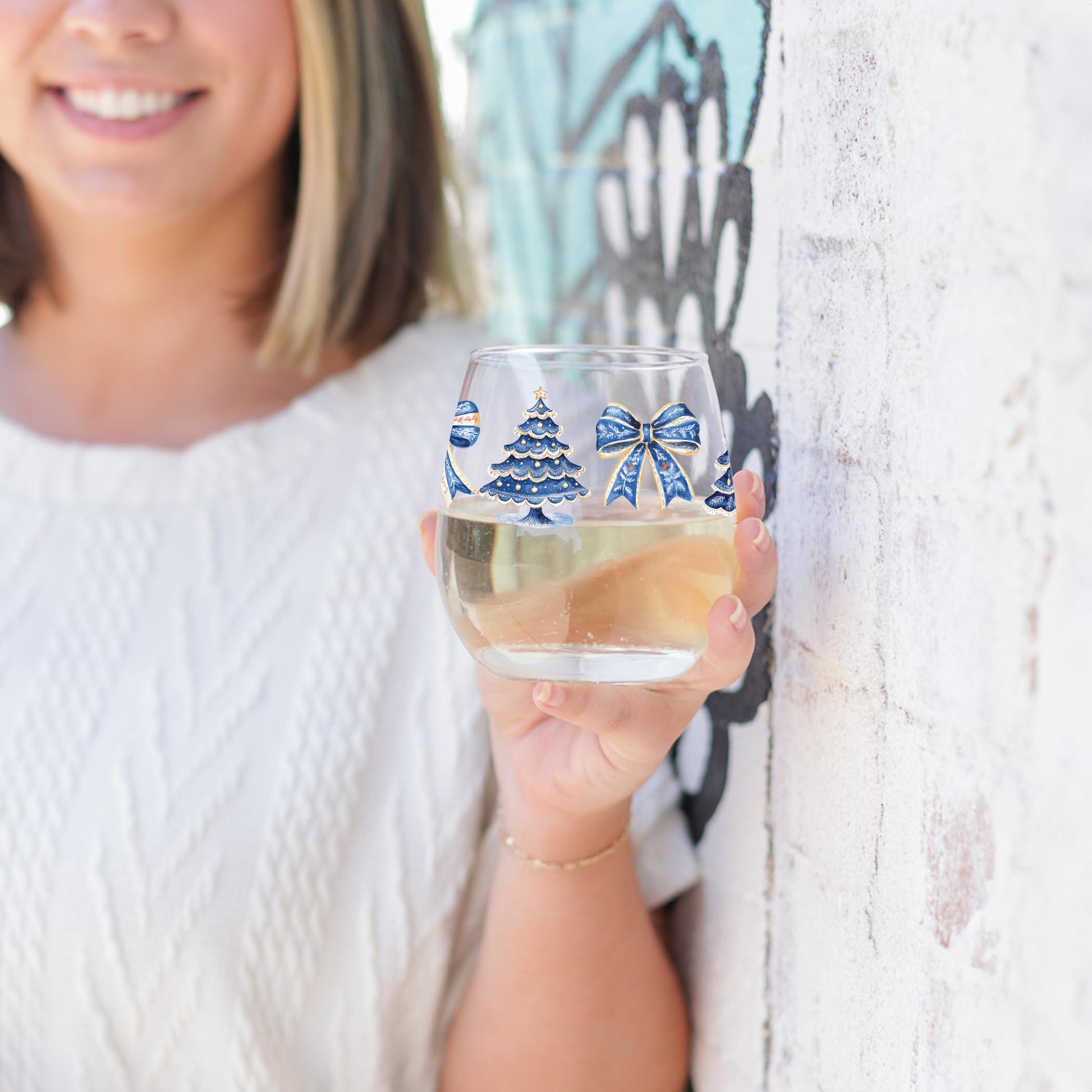 15oz Stemless Wine Glass-Blue Noel - A Grand Millennial Christmas -3