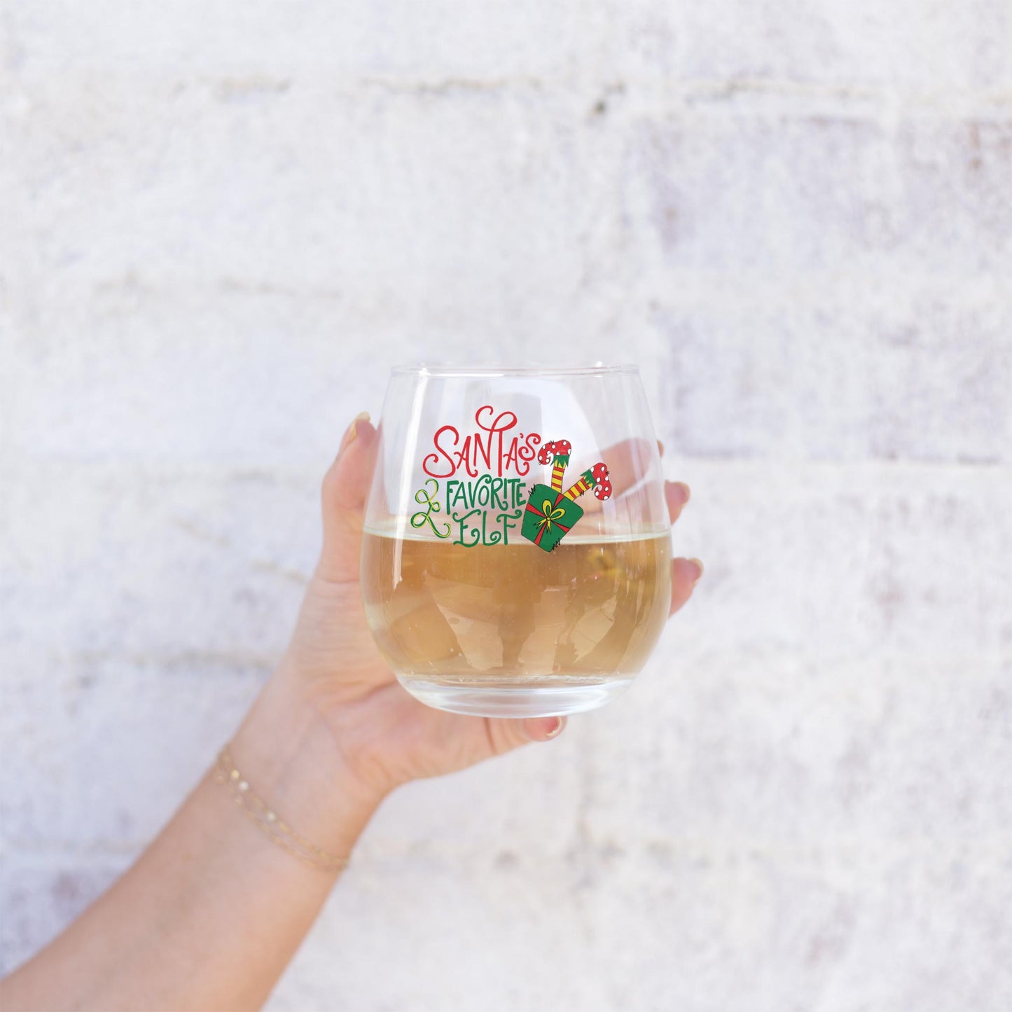 15oz Stemless Wine Glass-Santa's Favorite Elf