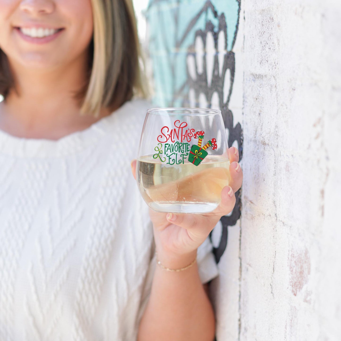 15oz Stemless Wine Glass-Santa's Favorite Elf