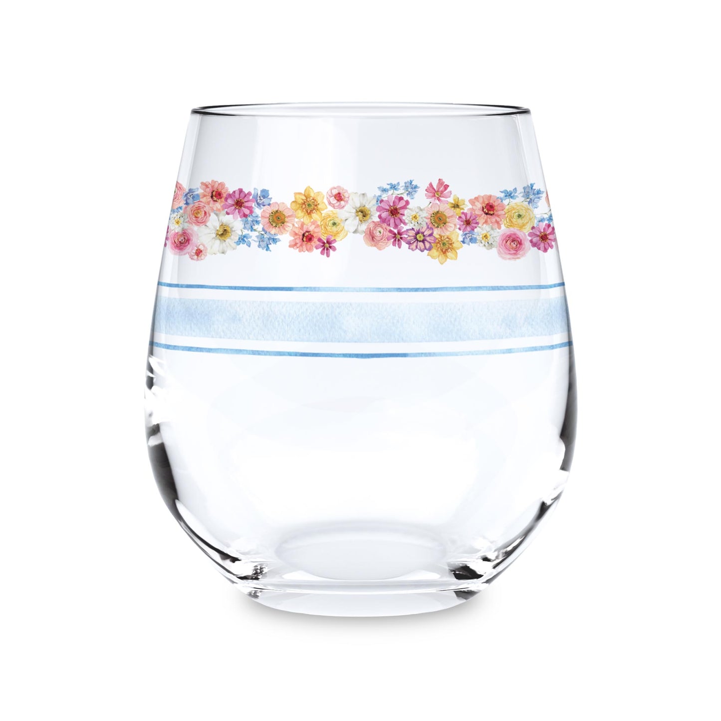 15oz Stemless Wine Glass-Fantasy Garden Flower Stripes -0