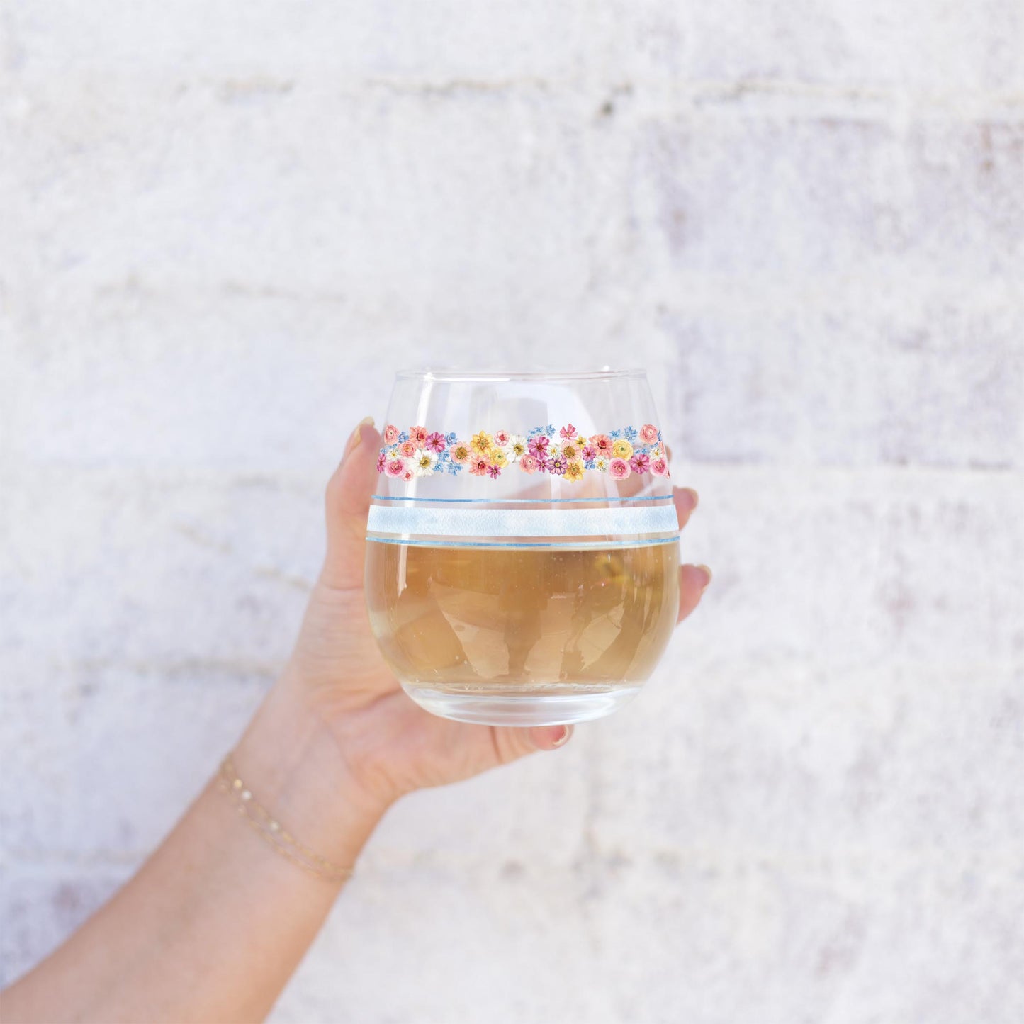 15oz Stemless Wine Glass-Fantasy Garden Flower Stripes -1