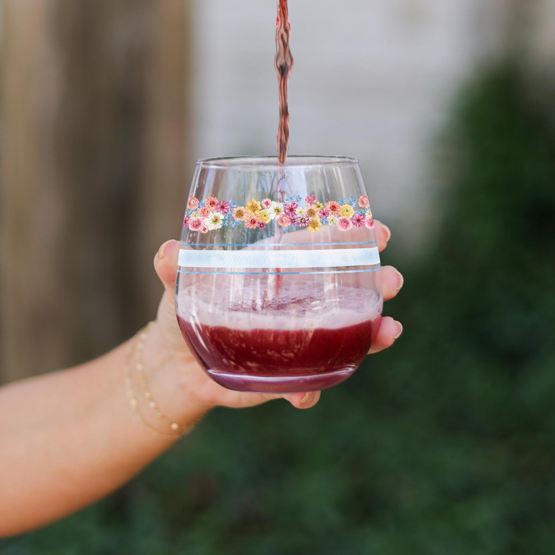 15oz Stemless Wine Glass-Fantasy Garden Flower Stripes -3