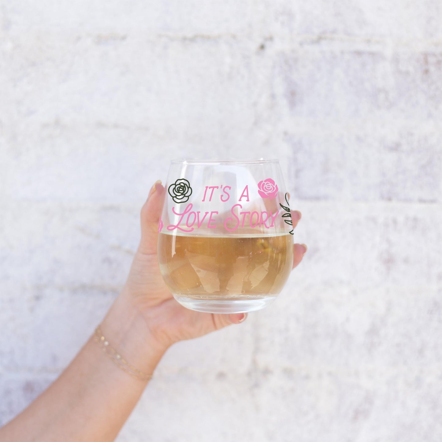 15oz Stemless Wine Glass-It's A Love Story -2