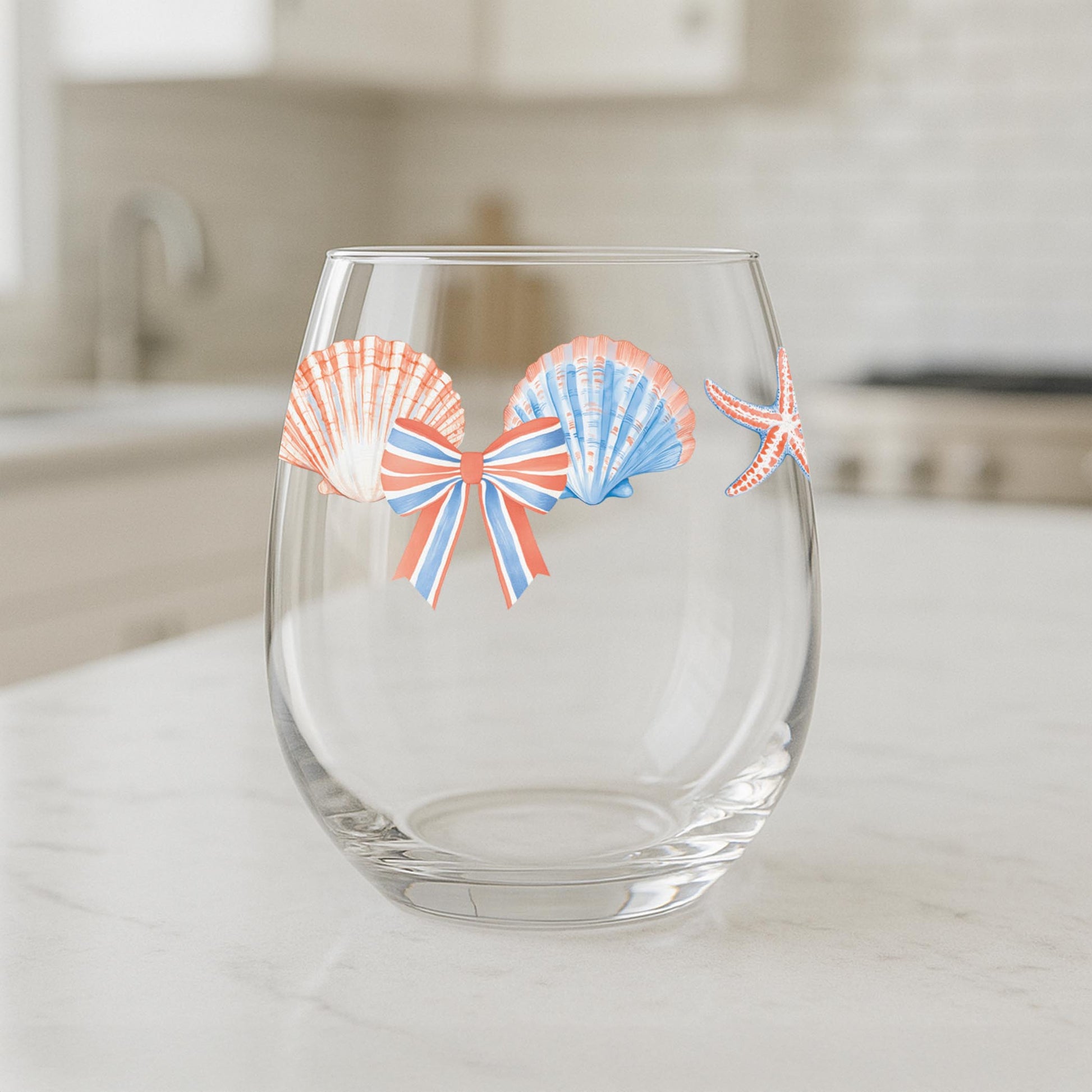 15oz Stemless Wine Glass-New England Tides Shells & Bows -1