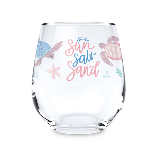 15oz Stemless Wine Glass-Coastal Sea Turtles Sun Salt Sand