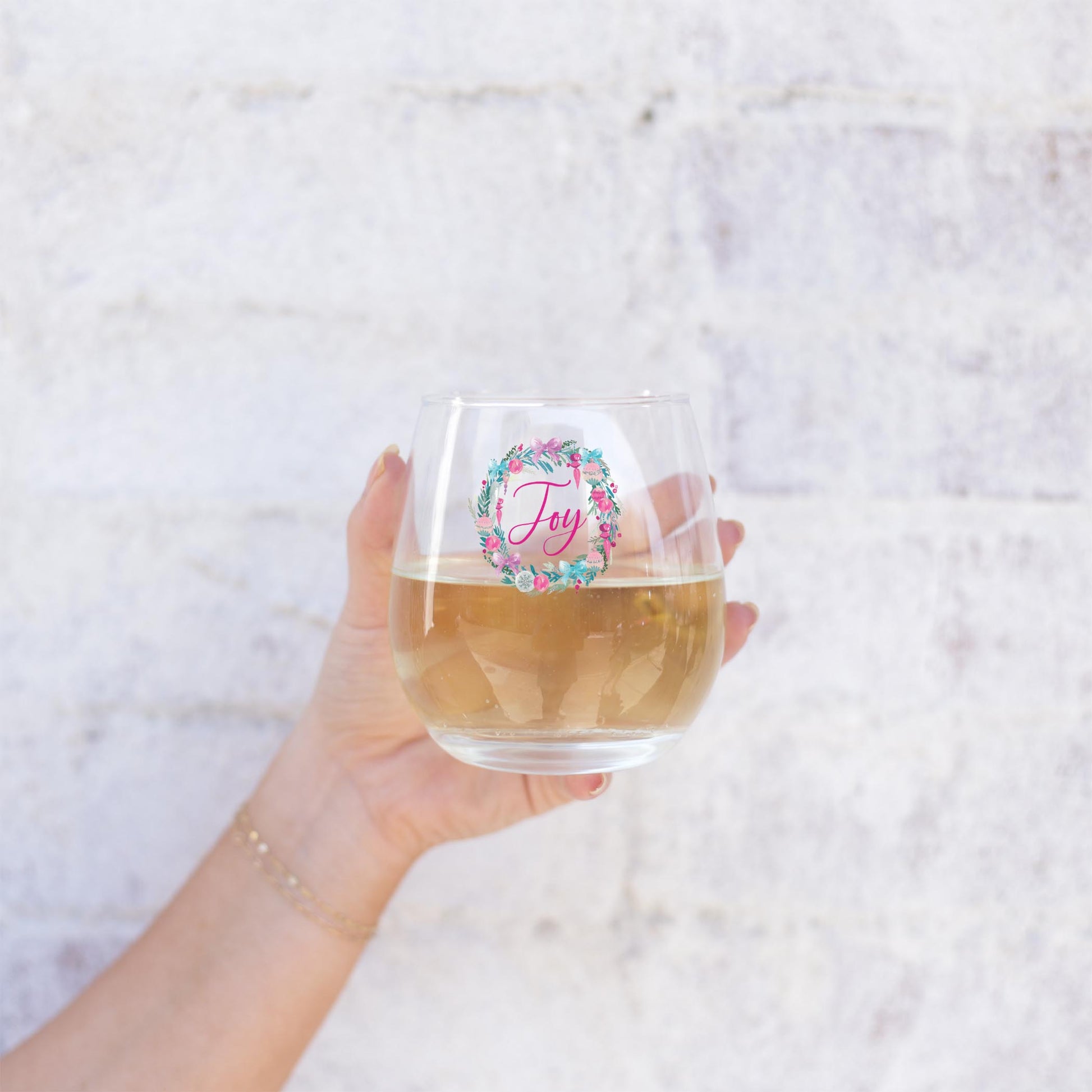 15oz Stemless Wine Glass-Watercolor Sugar Plum Joy Wreath -1
