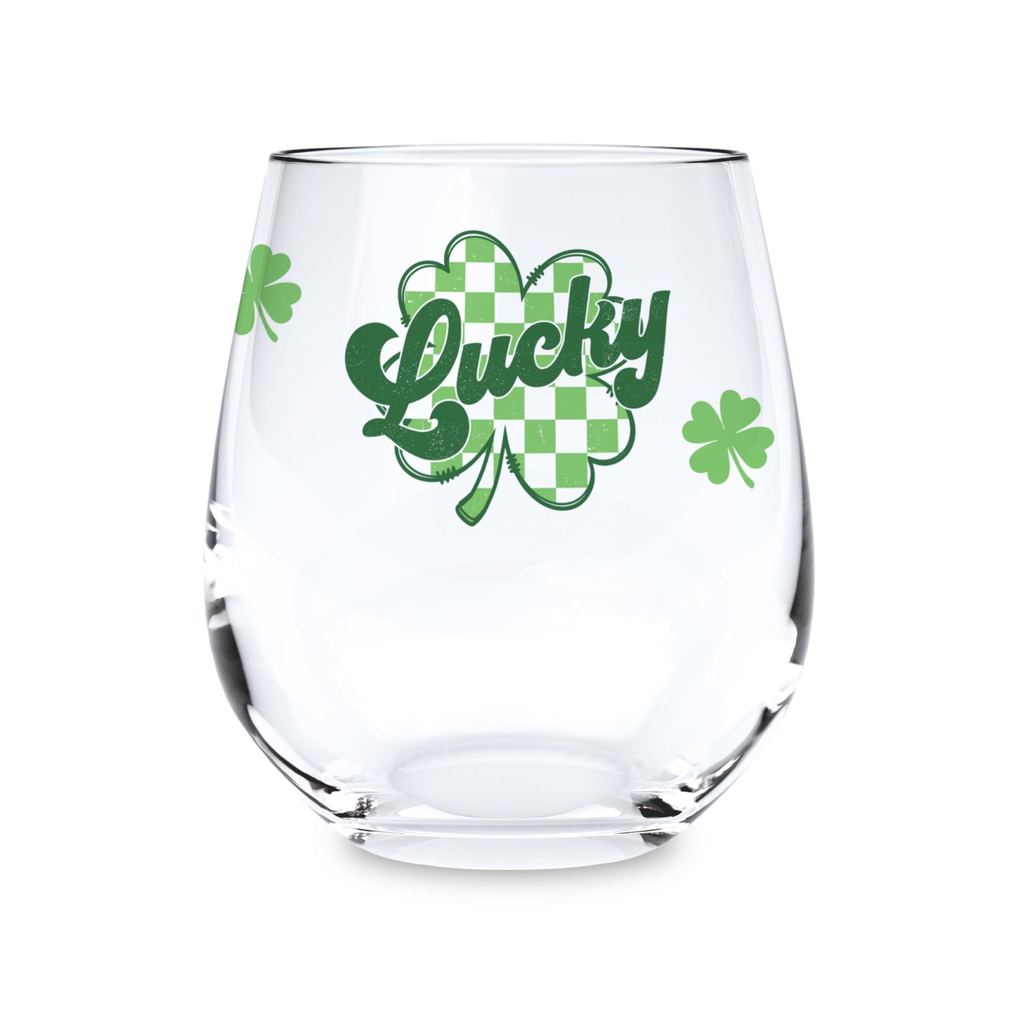 15oz Stemless Wine Glass-St. Patrick's Day Lucky Checker Shamrock -0