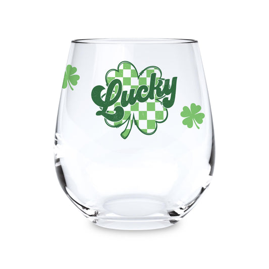 15oz Stemless Wine Glass-St. Patrick's Day Lucky Checker Shamrock -0