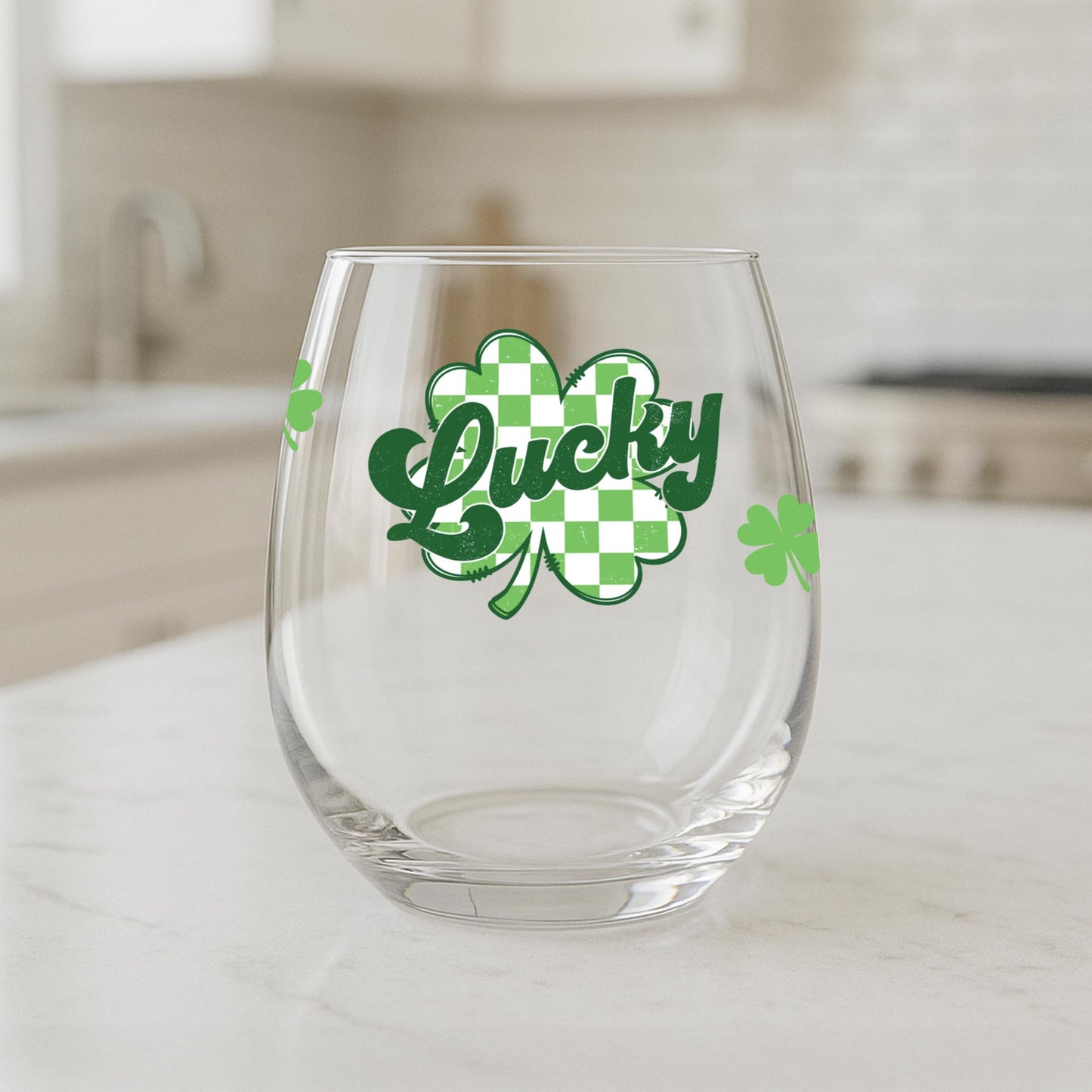 15oz Stemless Wine Glass-St. Patrick's Day Lucky Checker Shamrock -1