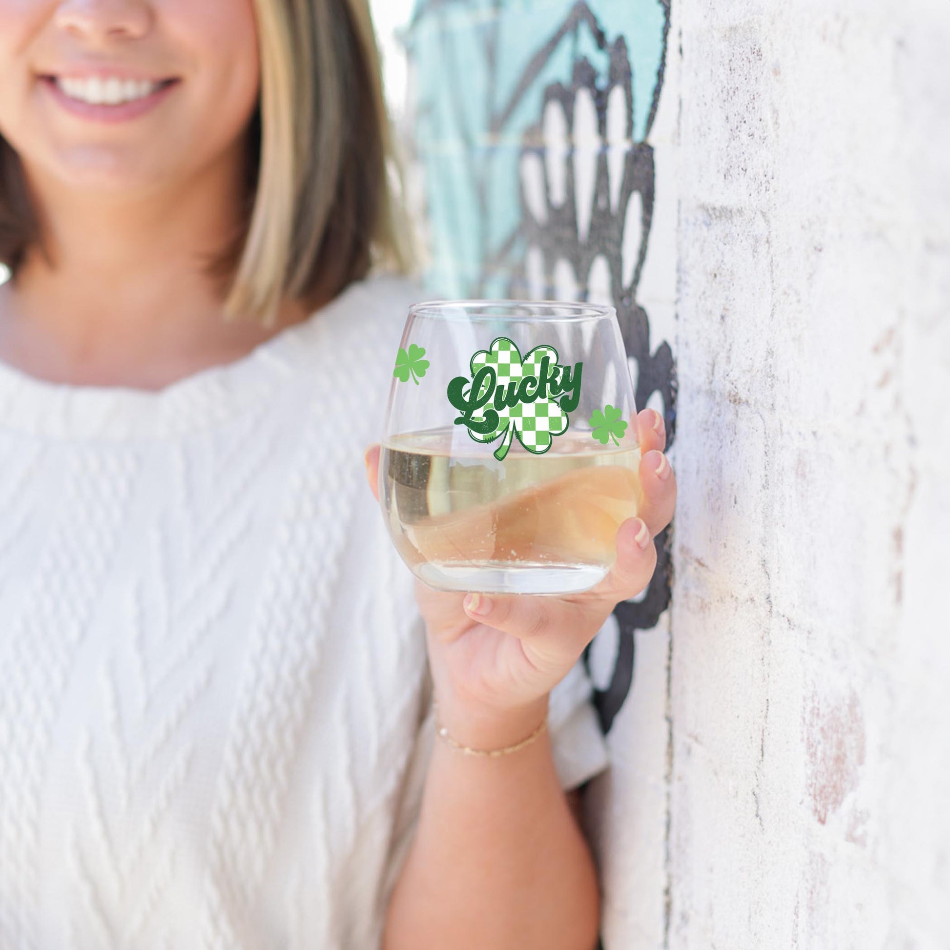 15oz Stemless Wine Glass-St. Patrick's Day Lucky Checker Shamrock -3
