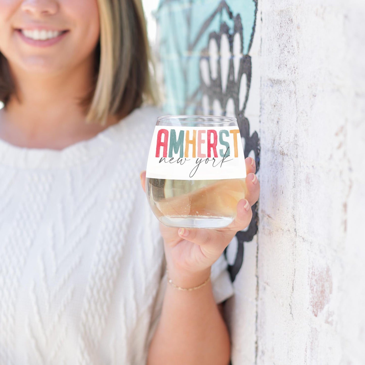 15oz Stemless Wine Glass-Watercolor City Amherst NY