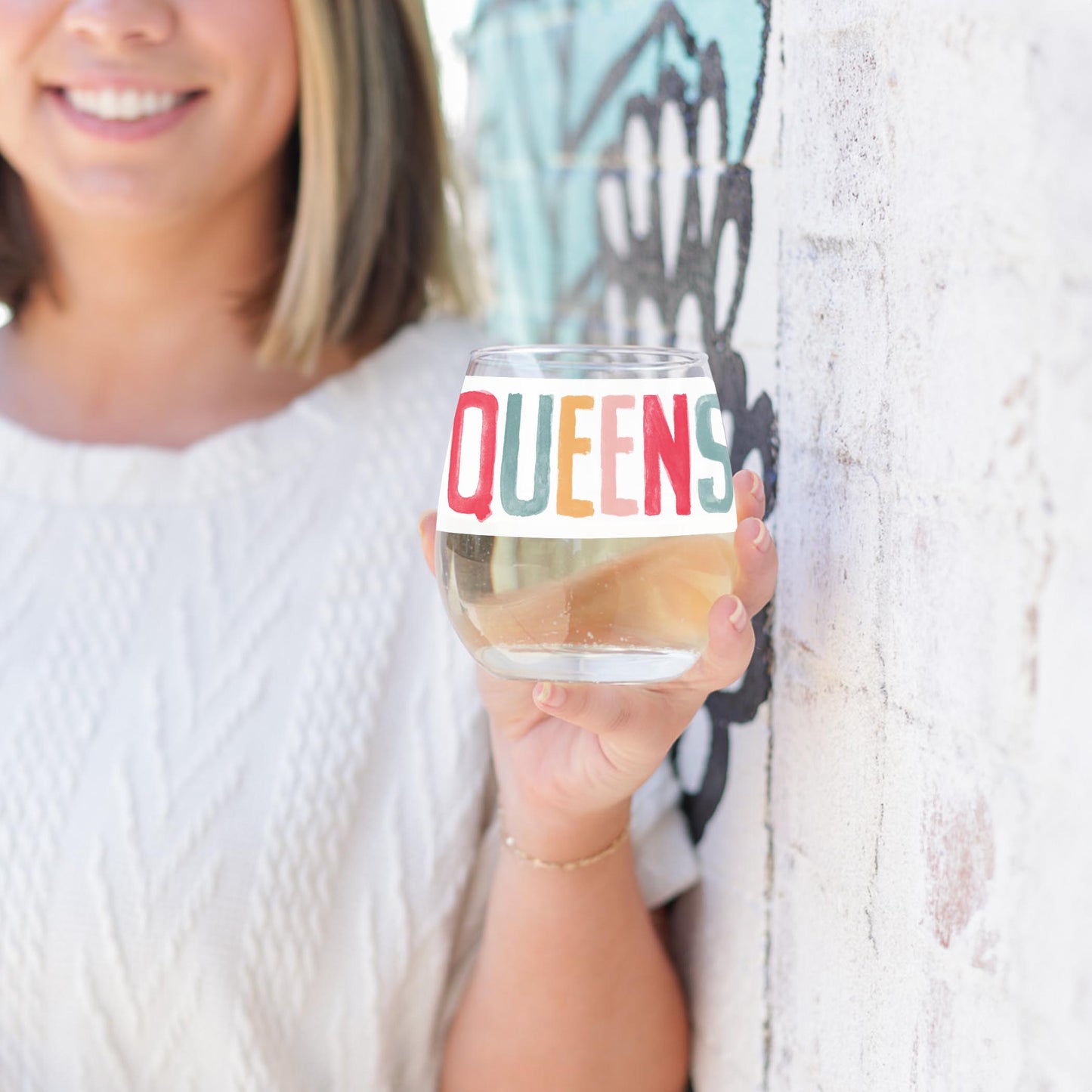 15oz Stemless Wine Glass-Watercolor City Queens NY