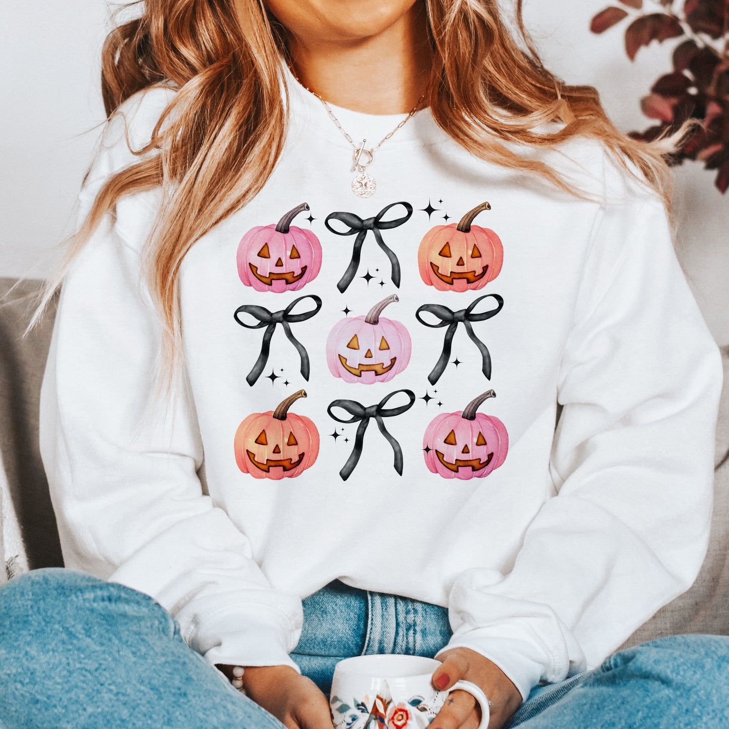 Sweatshirt White-Halloween Pumpkins and Bows