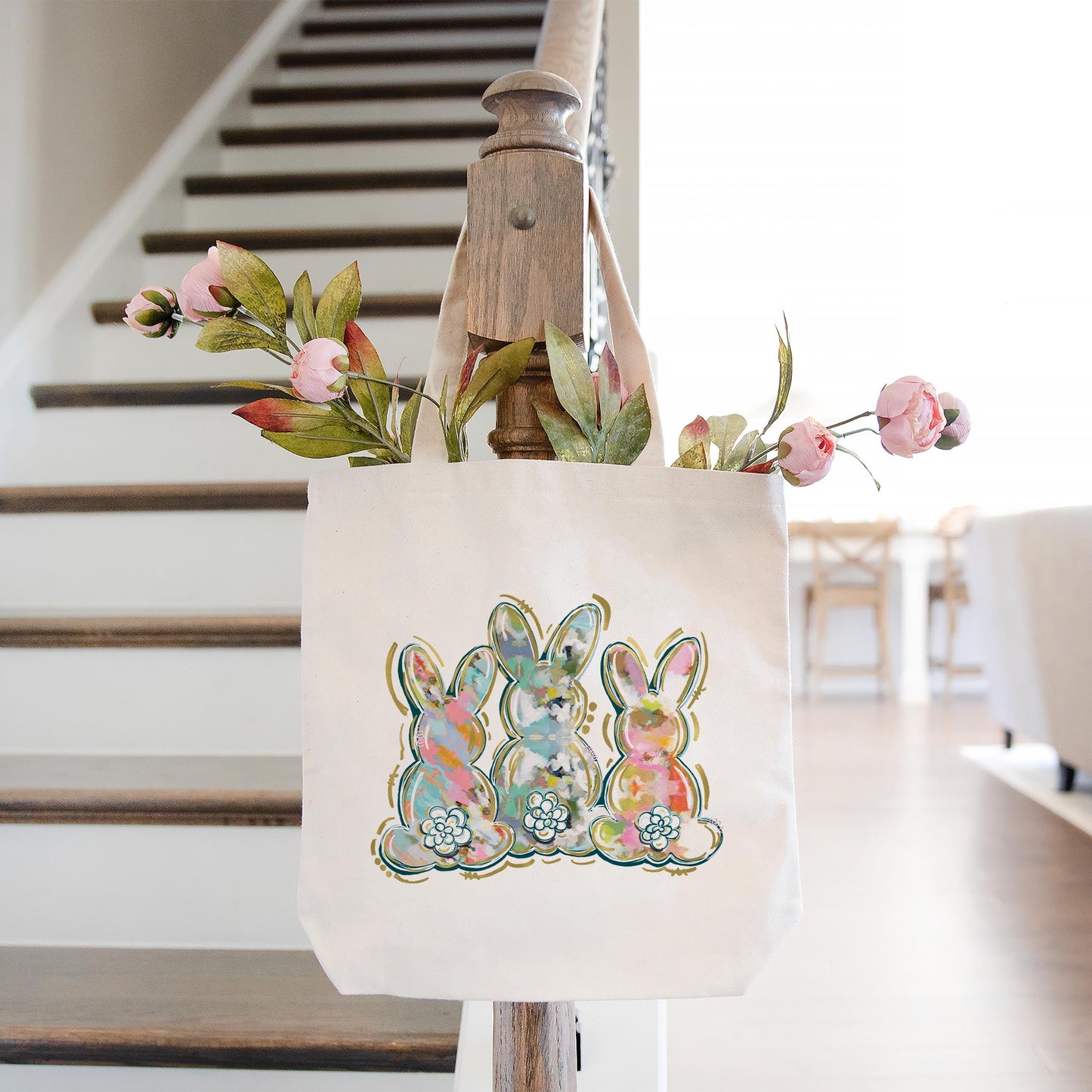 Tote Bag Natural Canvas-Painted Bunny Trio