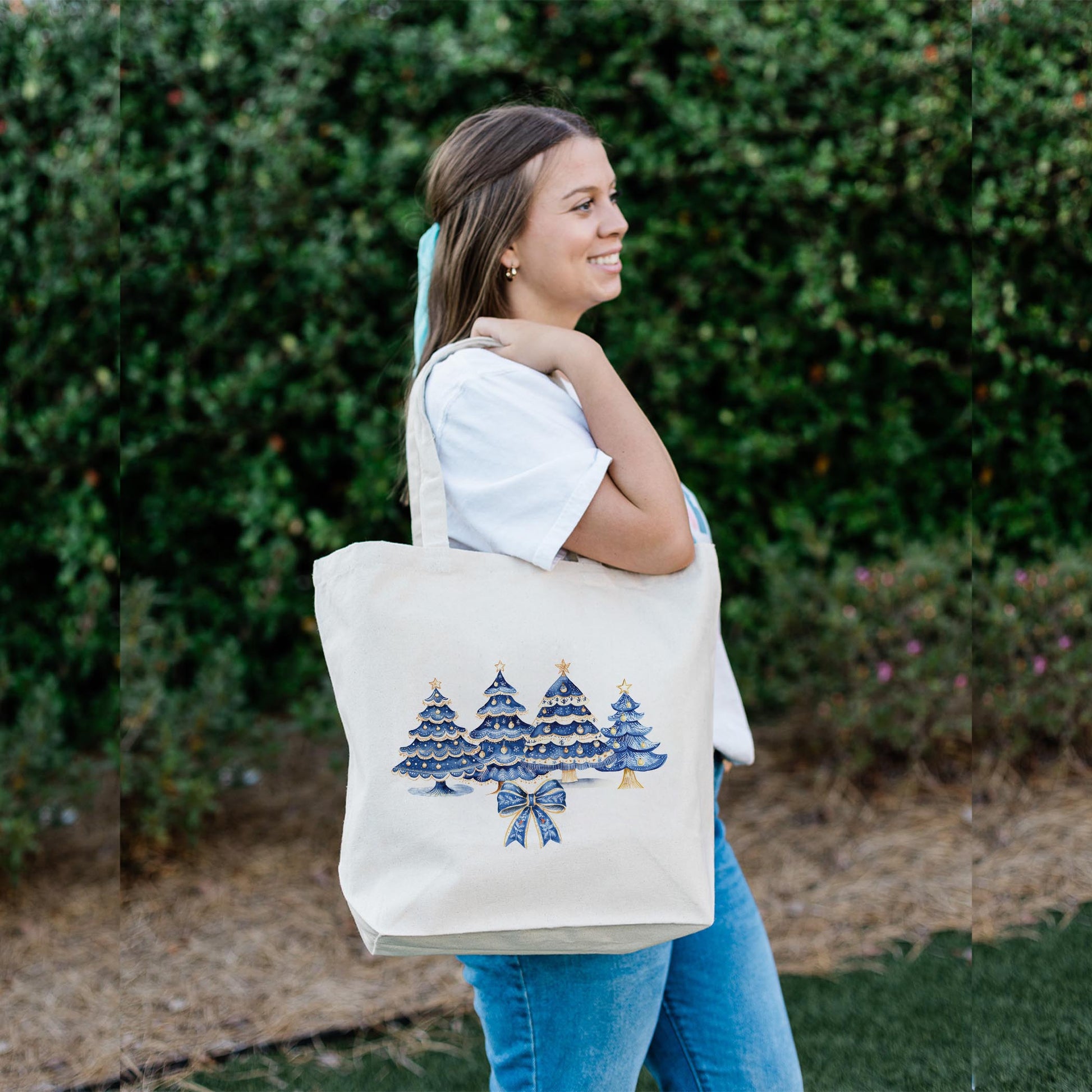 Tote Bag Natural Canvas-Blue Noel - A Grand Millennial Christmas -2