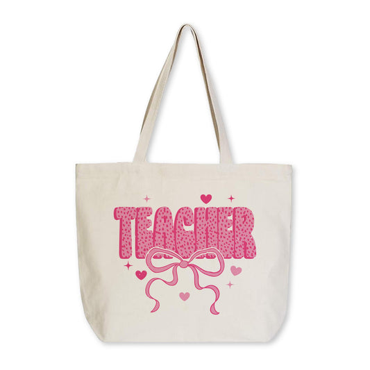 Tote Bag Natural Canvas-Classroom Coquette Teacher Hearts & Bow -0