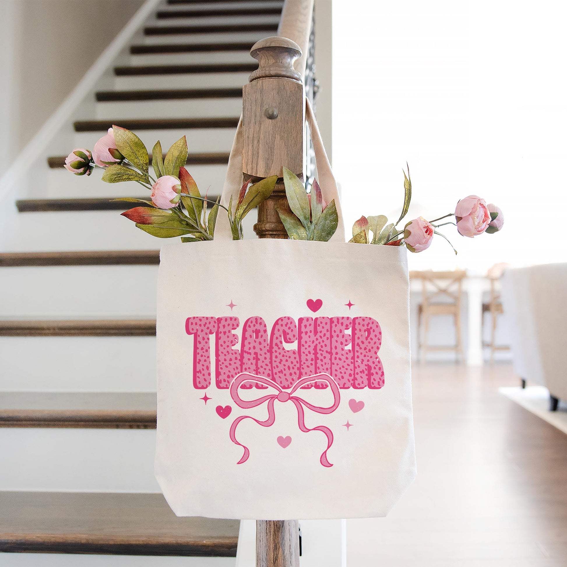 Tote Bag Natural Canvas-Classroom Coquette Teacher Hearts & Bow -1