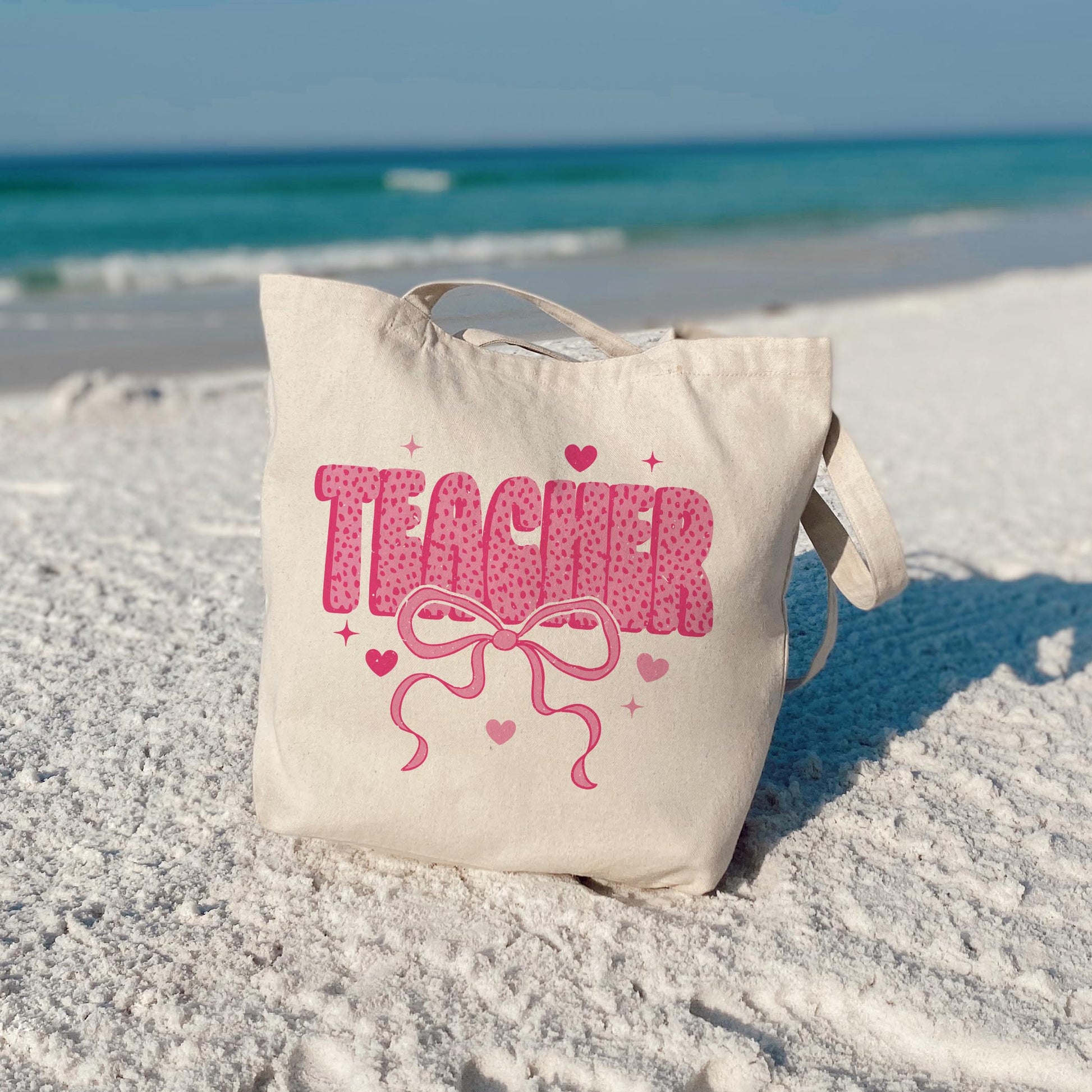 Tote Bag Natural Canvas-Classroom Coquette Teacher Hearts & Bow -3