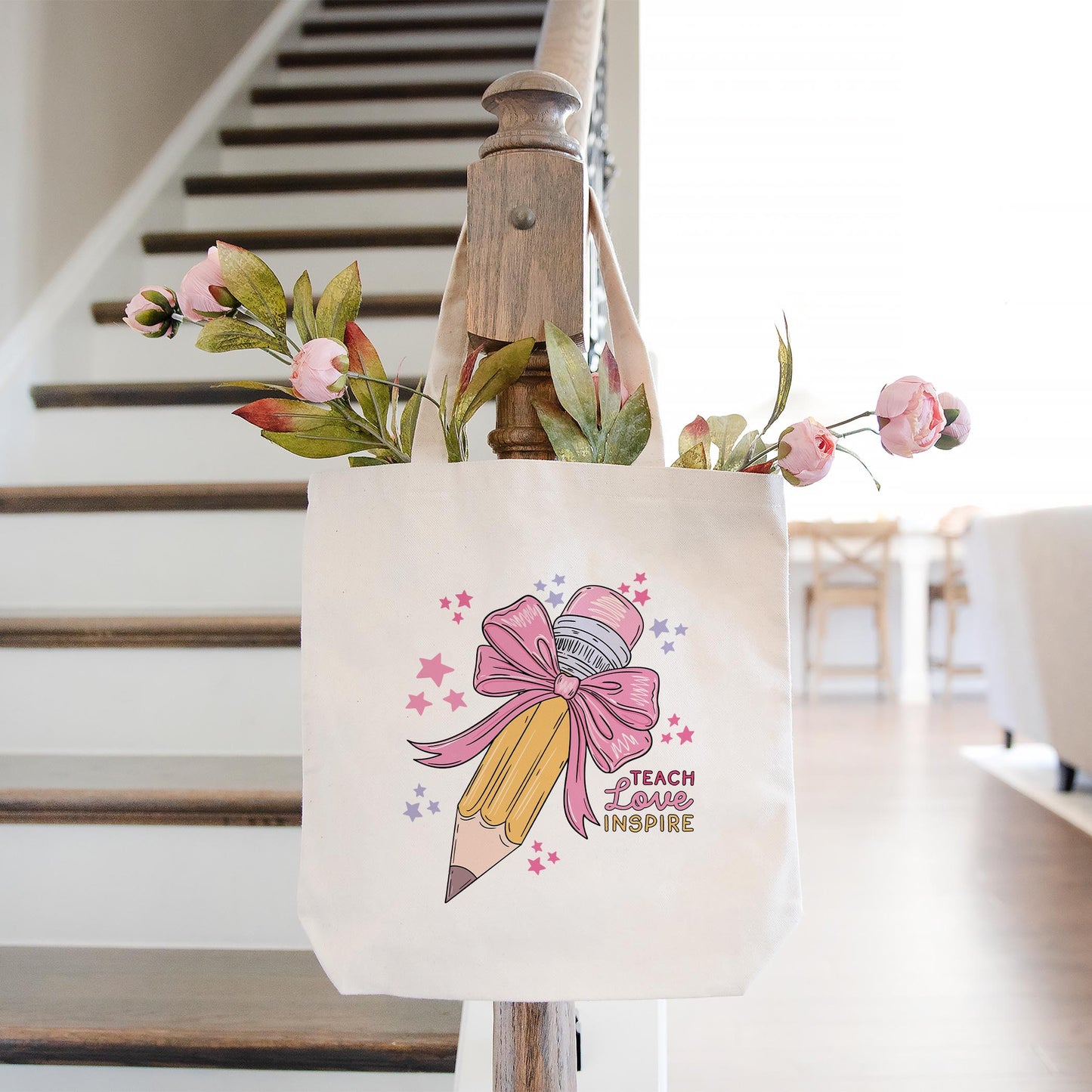 Tote Bag Natural Canvas-Classroom Coquette Teach Love Inspire -1