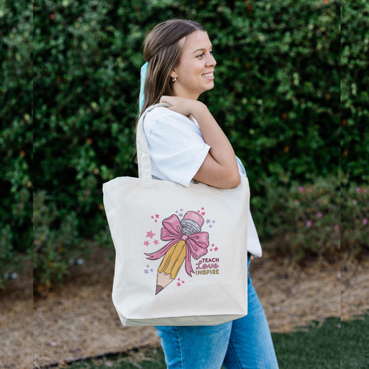 Tote Bag Natural Canvas-Classroom Coquette Teach Love Inspire -2
