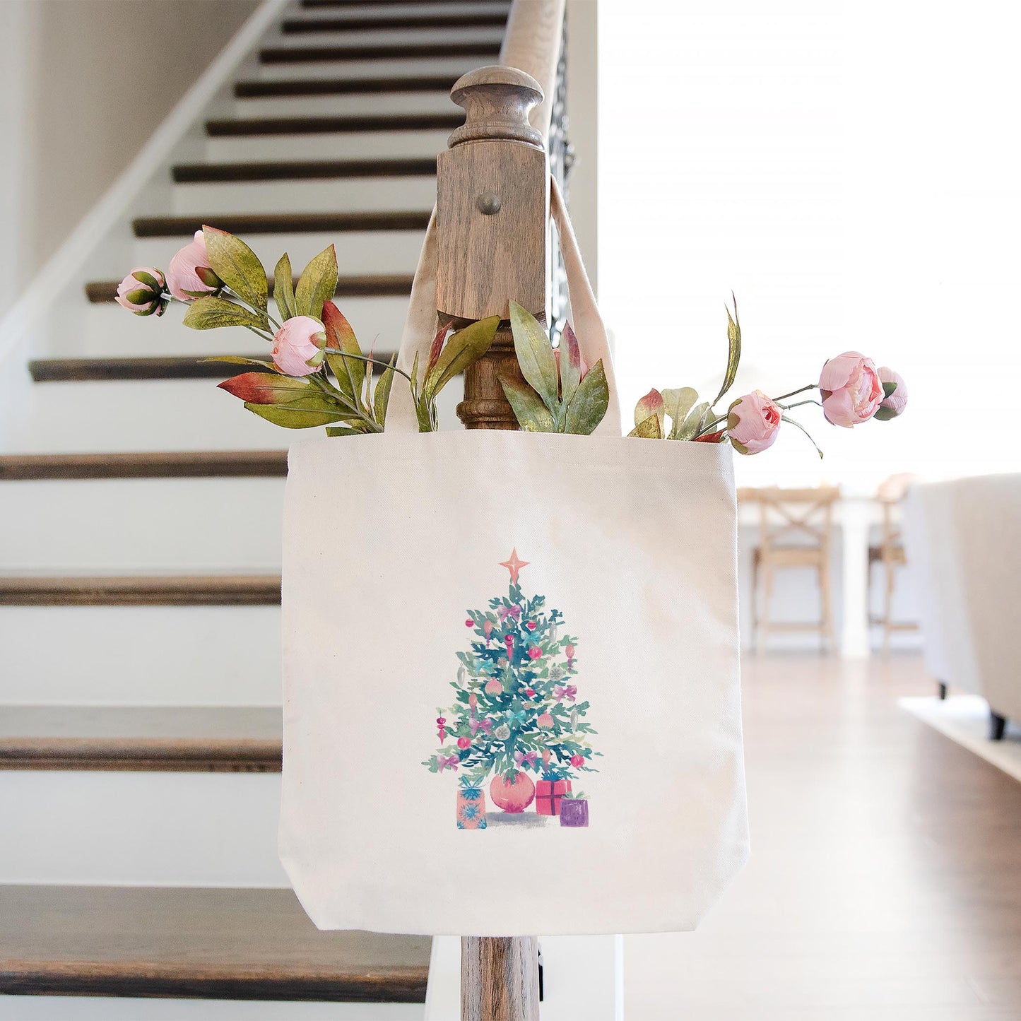 Tote Bag Natural Canvas-Watercolor Sugar Plum Christmas Tree -1