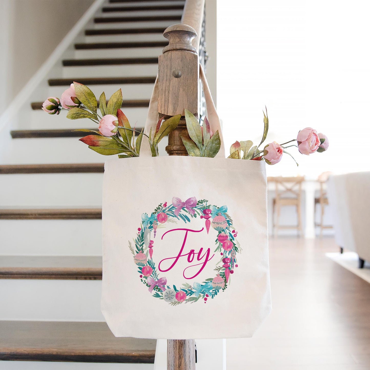 Tote Bag Natural Canvas-Watercolor Sugar Plum Joy Wreath -1