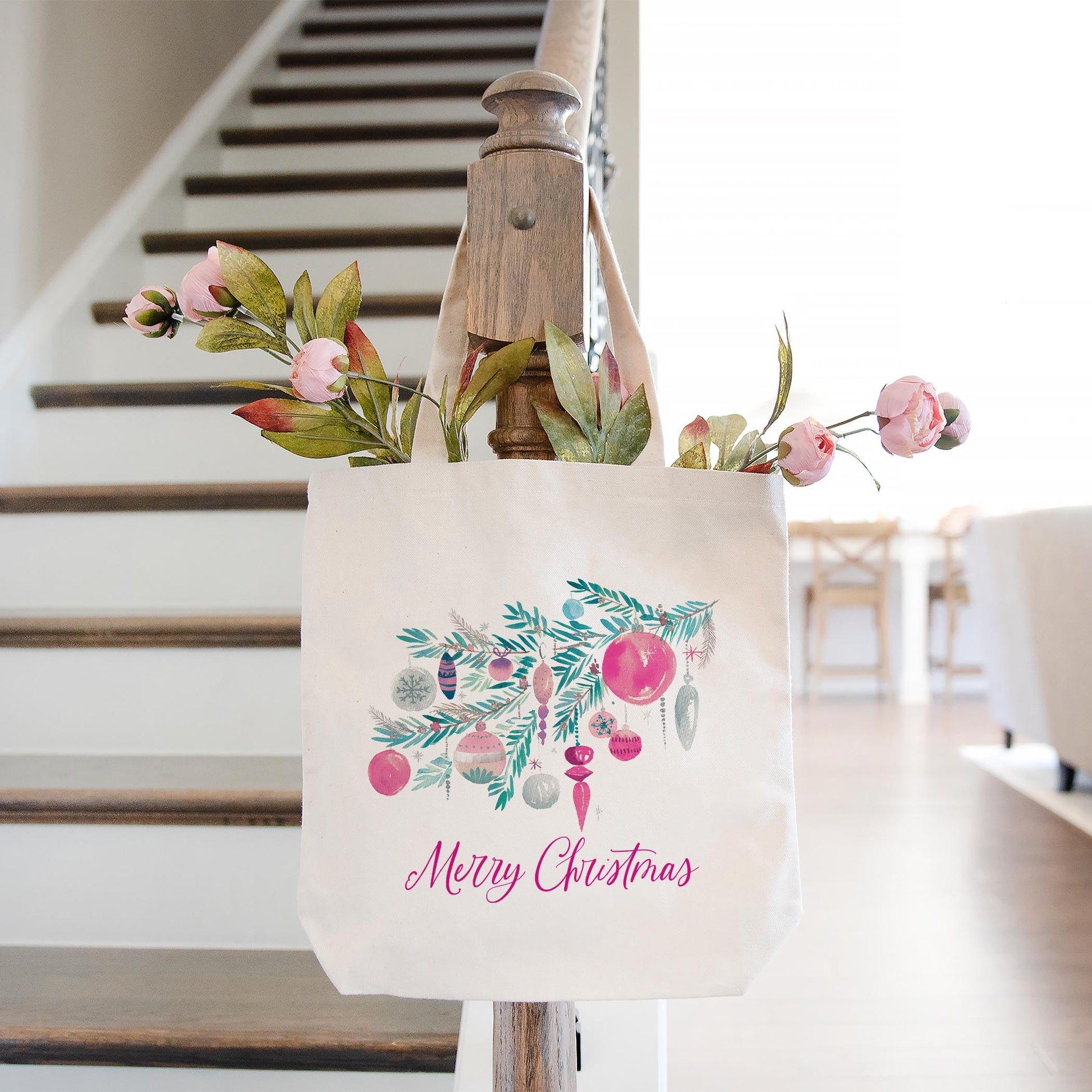 Tote Bag Natural Canvas-Watercolor Sugar Plum Merry Christmas -1