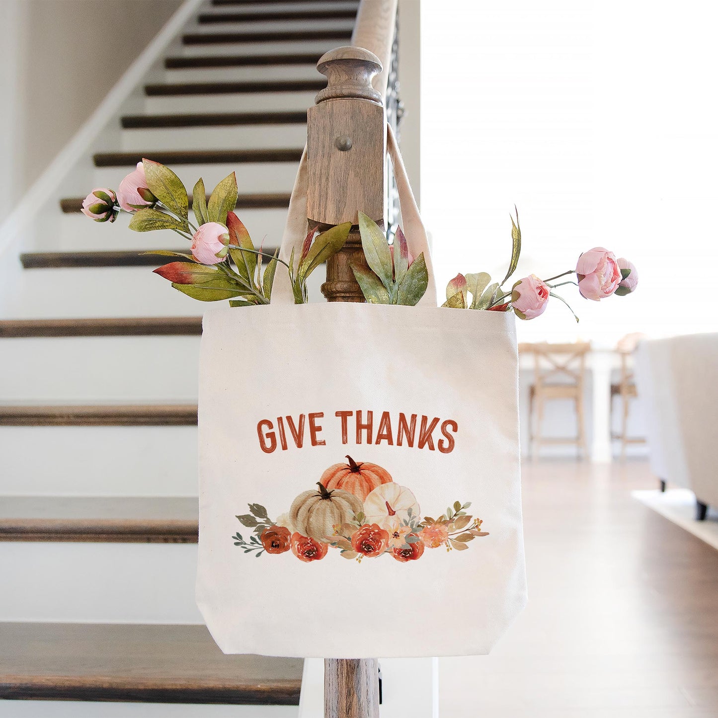 Tote Bag Natural Canvas-Give Thanks Floral Pumpkin