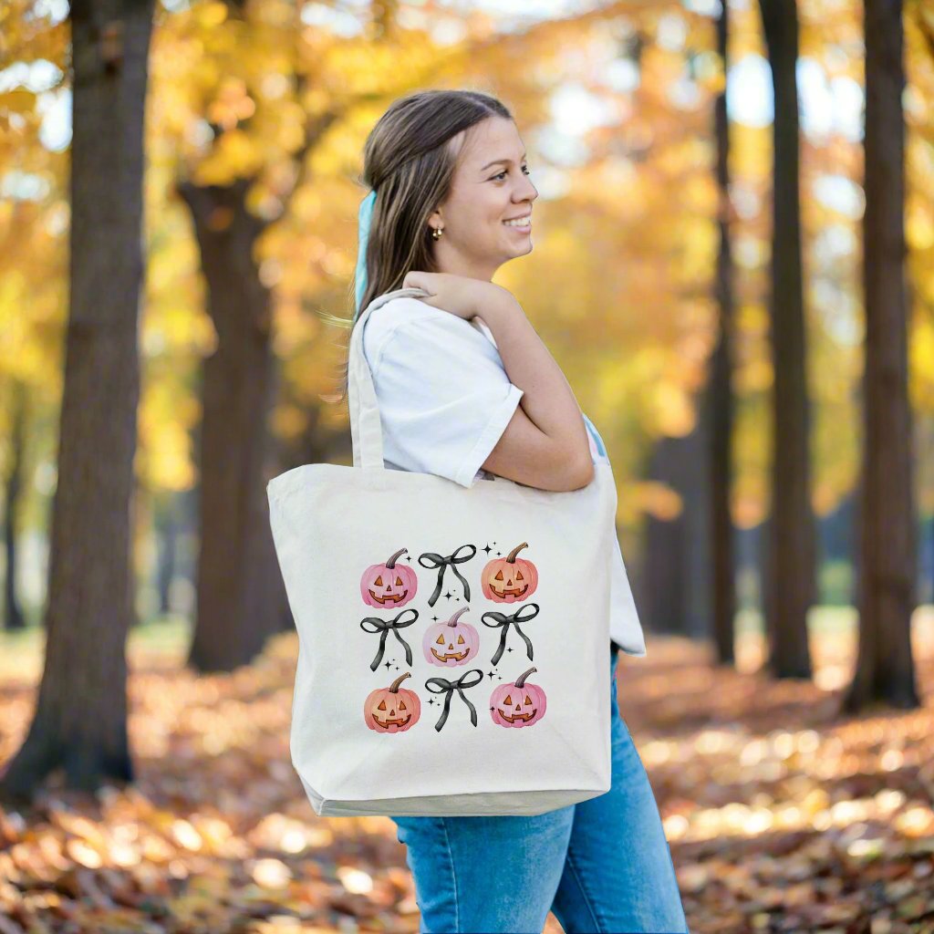 Tote Bag Natural Canvas-TB1-Halloween Pumpkins and Bows