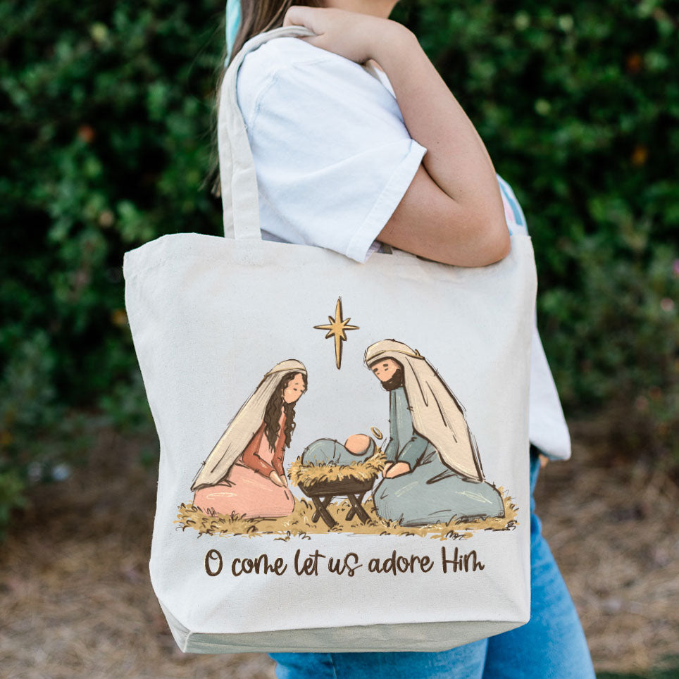 Canvas Tote Bag - Kneeling Nativity Let Us Adore Him