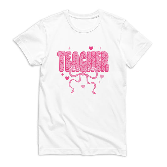 Bella Canvas T-Shirt White-Classroom Coquette Teacher Hearts & Bow -0