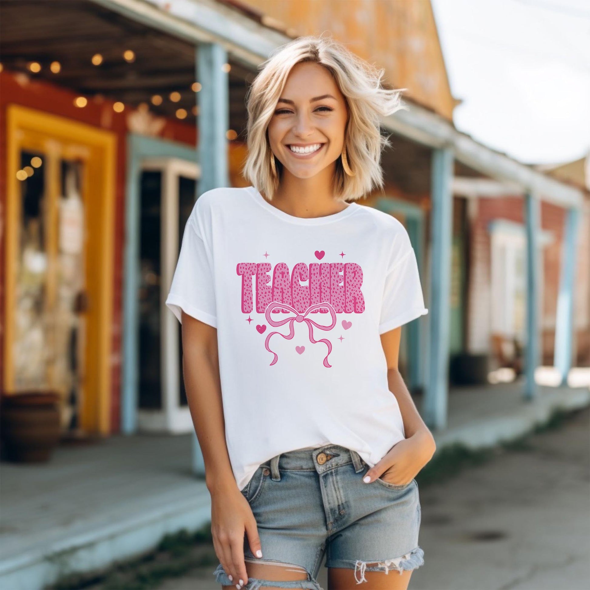 Bella Canvas T-Shirt White-Classroom Coquette Teacher Hearts & Bow -1