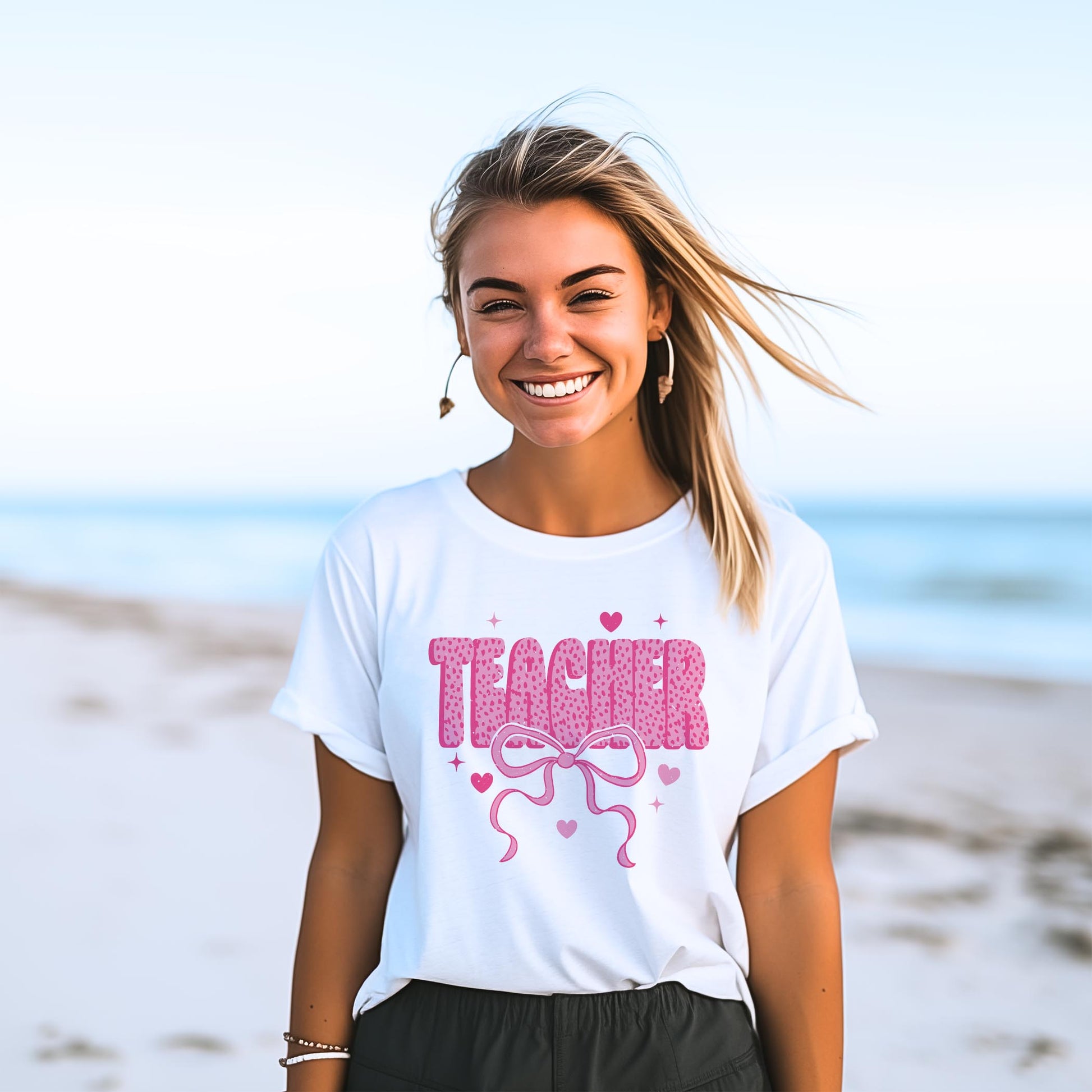 Bella Canvas T-Shirt White-Classroom Coquette Teacher Hearts & Bow -2