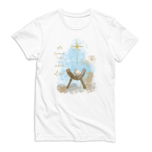 Bella Canvas T-Shirt White-Let Us Adore Him Watercolor Manger
