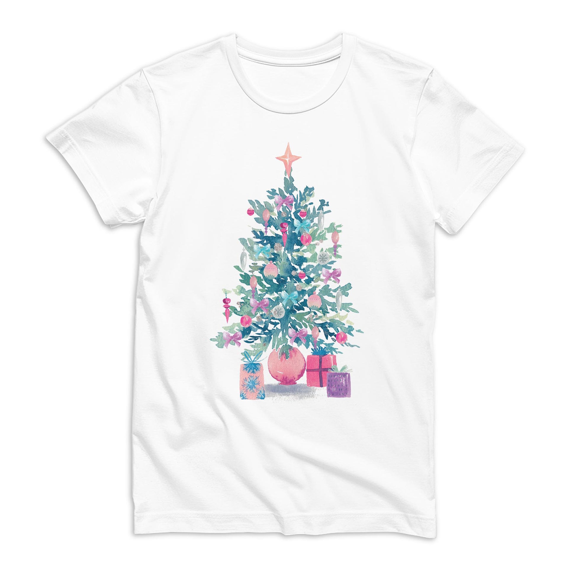 Bella Canvas T-Shirt White-Watercolor Sugar Plum Christmas Tree -0