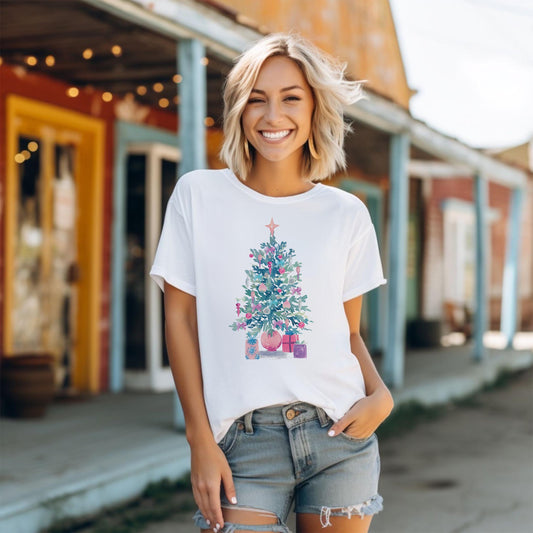 Bella Canvas T-Shirt White-Watercolor Sugar Plum Christmas Tree -1