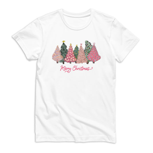 L Bella Canvas T-Shirt White-Pink Trees Merry Christmas